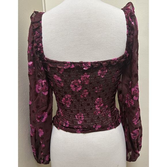ASTR THE LABEL Perkins Fuchsia Burnout Floral Balloon Sleeve Polka Blouse Sz XS - Picture 9 of 12